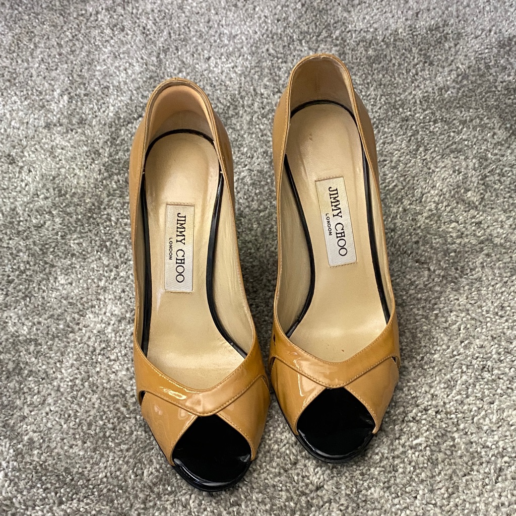 Jimmy Choo Camel Peep-Toe Heels